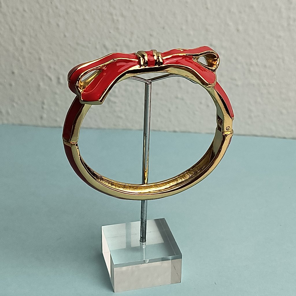 Ribbon Bow Enamel Shape Hinged Bangle Bracelet Vibrant Red Gold Plated